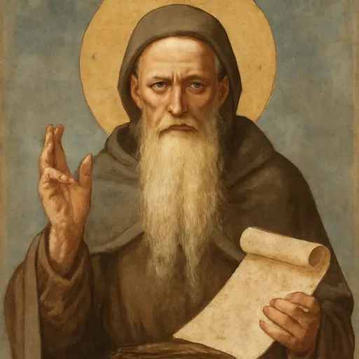 Fresco-style portrait of St. Arsenius the Great, an old desert monk with a very long white beard and a dark habit, holding an open scroll