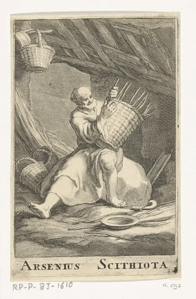 Old engraving of a hermit sitting in a rocky cave weaving a basket, with finished baskets hanging above him and a bowl on the ground