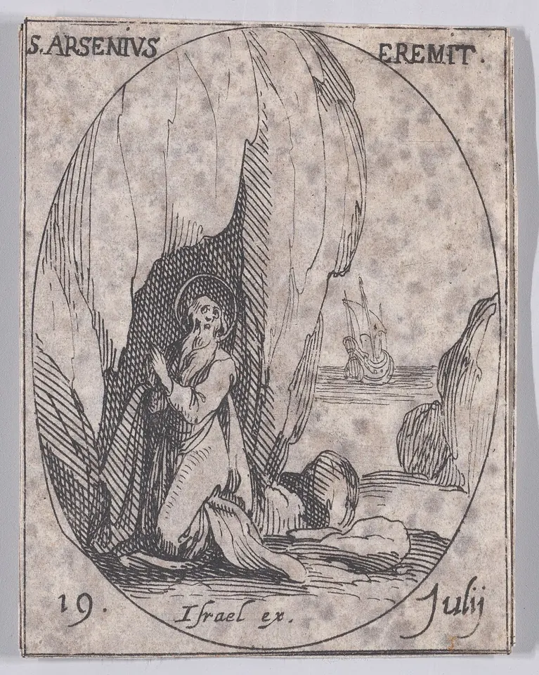 Small oval etching of a hermit kneeling in prayer inside a cave by the sea, with a sailing ship in the distance