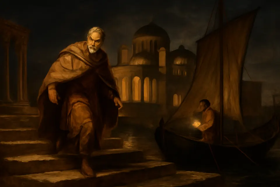 Painting-style scene of Arsenius, a nobleman in rich robes, slipping out of the imperial palace in Constantinople at night toward a waiting ship