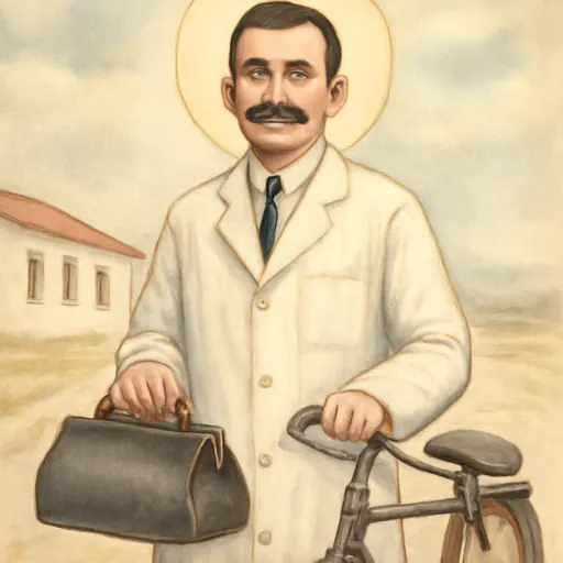 Watercolor-style portrait of St. Artemide Zatti as a smiling, mustached man in a white hospital coat, with a medicine bag and a bicycle beside him