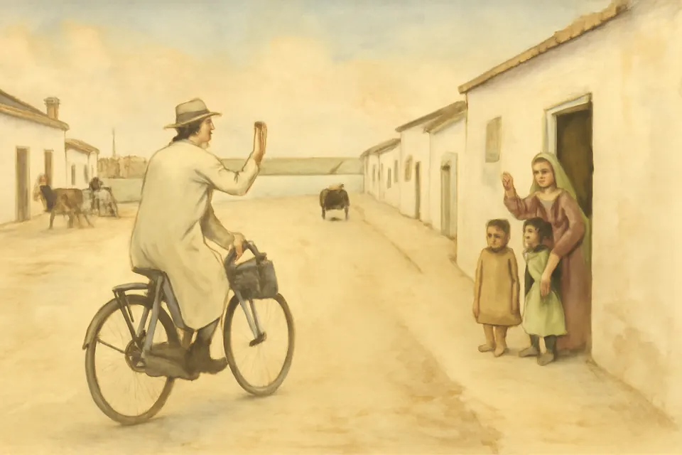 Watercolor-style scene of a man in a white coat cycling along a dusty riverside street in a small Patagonian town, a medicine bag hanging from the handlebars