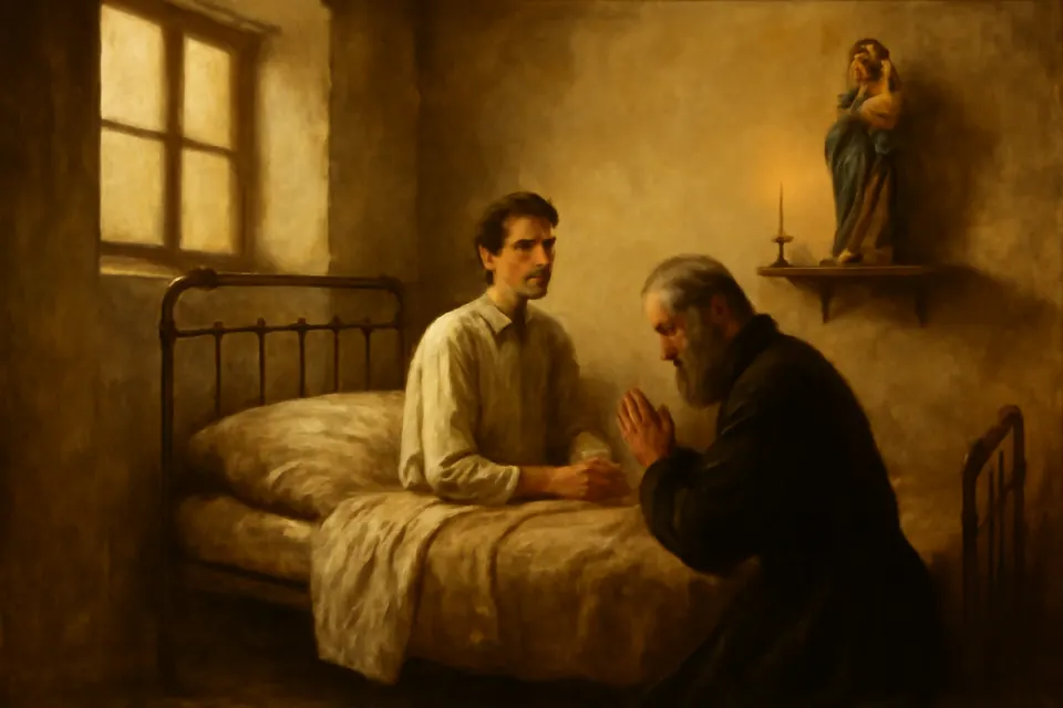 Oil-painting-style scene of a sick young man in a simple hospital bed praying before a small statue of Mary Help of Christians, with an older priest kneeling beside him