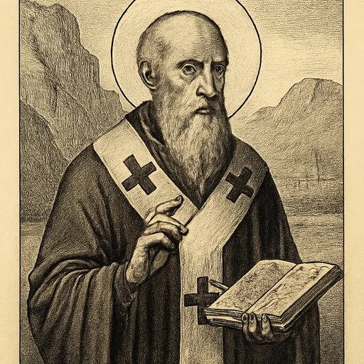 Engraving-style portrait of St. Asterius of Amasea, an elderly Greek bishop with a gray beard holding an open book of sermons