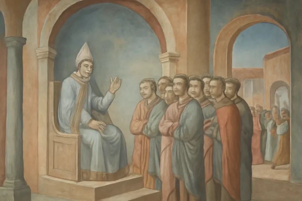 Fresco-style scene of an aged bishop preaching from a raised chair to a crowd of men in a late Roman church on New Year's Day