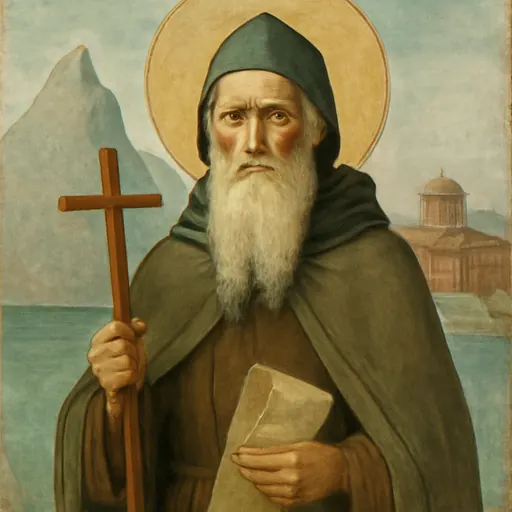 Fresco-style portrait of St. Athanasius the Athonite as an old Byzantine monk with a long white beard, a dark mantle and a monastic cowl, holding a cross and a scroll