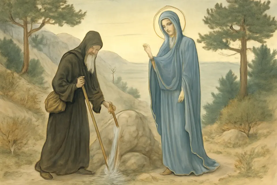 Watercolor-style scene of an old monk on a rocky mountain path striking a stone with his staff as water gushes out, while a veiled woman in shining blue stands beside him