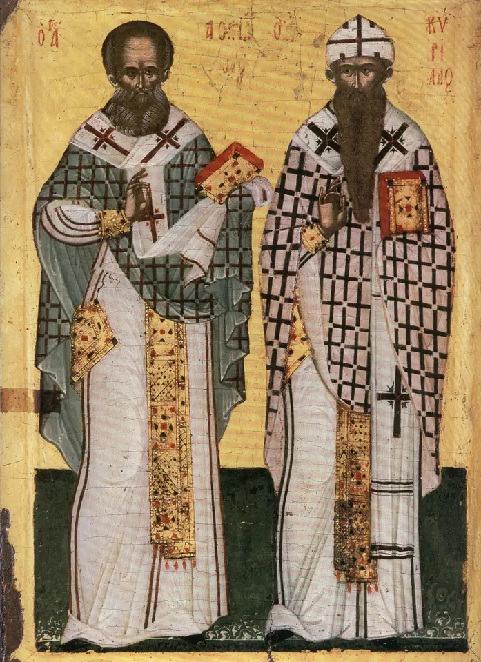 Cretan icon of two standing bishops side by side, Athanasius bareheaded and Cyril in a white cap, both in crossed omophoria and holding Gospel books