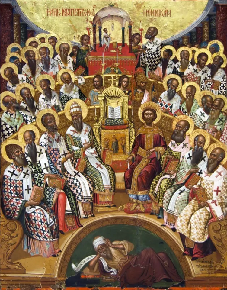 Cretan icon of the Council of Nicaea with rows of haloed bishops seated around the enthroned Emperor Constantine, and the heretic Arius lying defeated in an arch below
