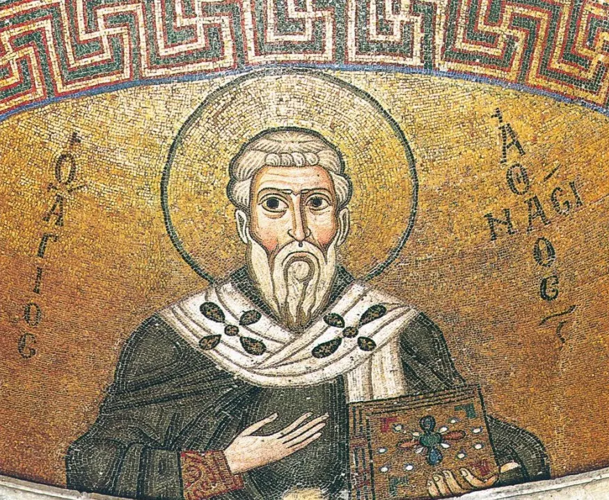 Byzantine gold-ground mosaic of St. Athanasius, white-bearded and balding, in a white omophorion with black crosses, holding a jeweled Gospel book