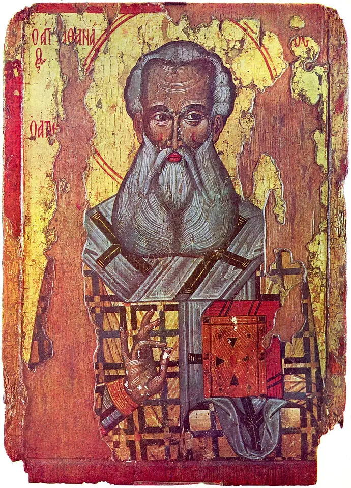 Worn red-and-gold Bulgarian icon of a gray-bearded Athanasius in a checkered omophorion, blessing and holding a red Gospel book