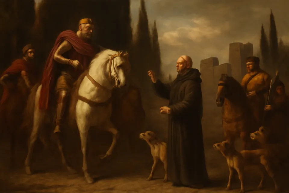 Illustration of Athanasius stepping into the road in front of Emperor Constantine and his riders to ask for a fair hearing