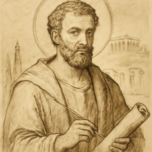 Ink-drawing-style portrait of St. Athenagoras of Athens, a bearded Greek philosopher in a plain cloak holding a scroll