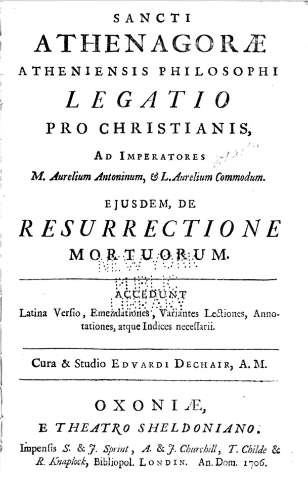 The title page of an old Latin and Greek book with the words Sancti Athenagorae Atheniensis Philosophi Legatio pro Christianis, printed at Oxford in 1706