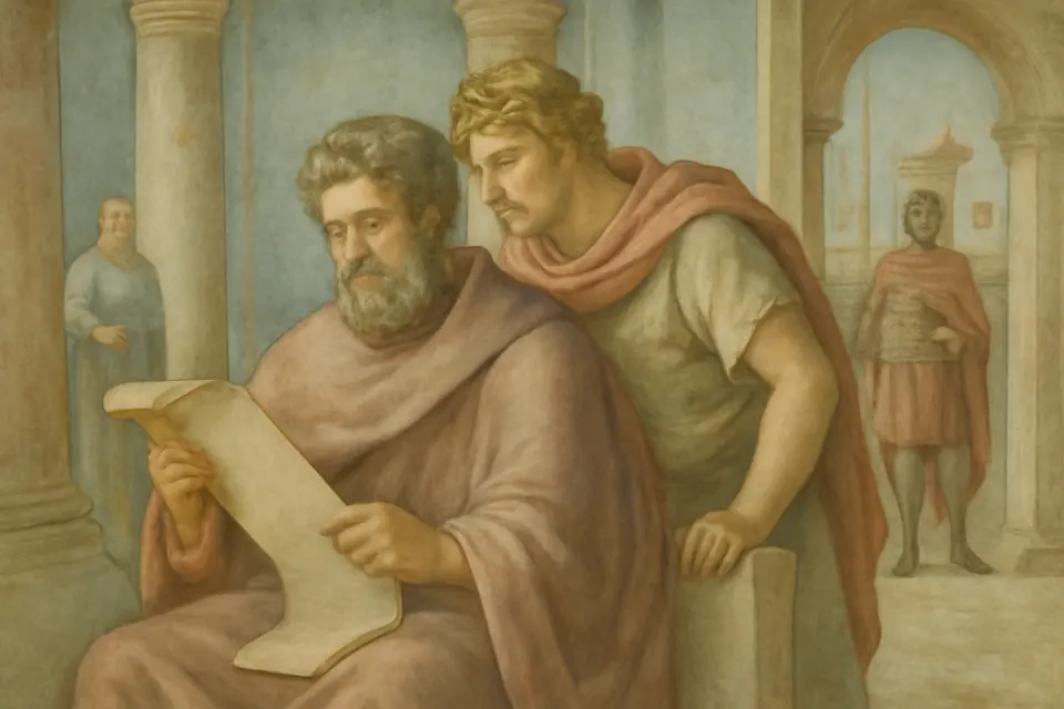 Fresco-style scene of two Roman emperors, an older bearded man and a young man, reading a petition in a marble hall