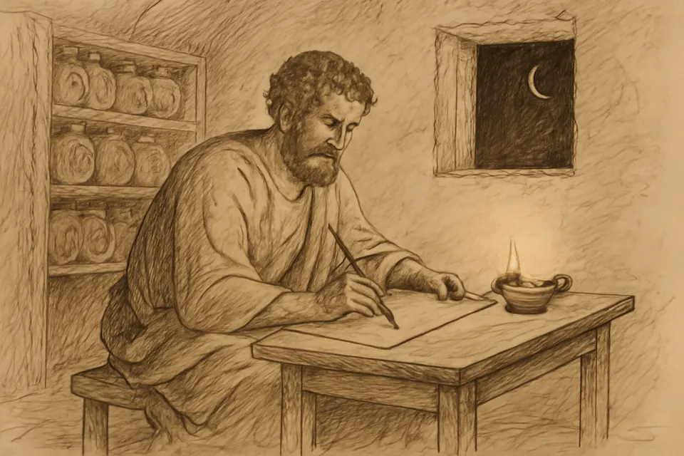 Ink-drawing-style scene of a bearded philosopher writing on a scroll by lamplight in a simple room, with more scrolls on the shelves