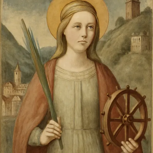 Fresco-style portrait of St. Augusta of Treviso, a young noblewoman in a simple red mantle holding a palm and a small toothed wheel
