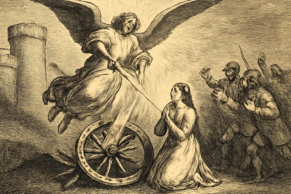 Engraving-style scene of an angel with a sword descending in light to break a spiked wheel, while a young woman prays and onlookers fall back in fear