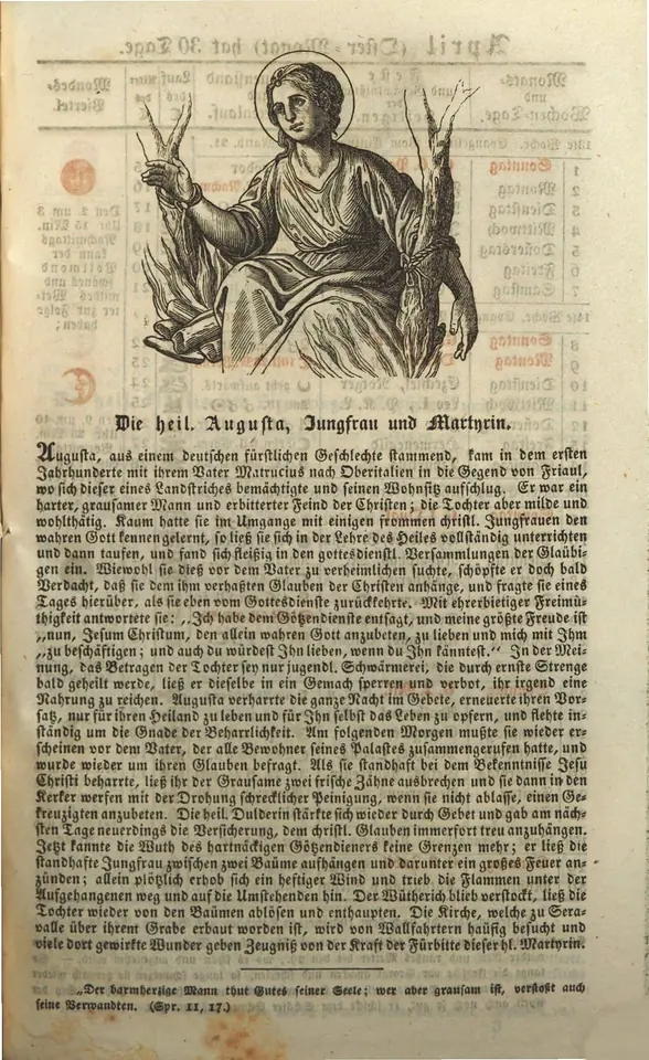 A page from an old German calendar with an engraving of a young female saint with a halo, seated and holding palm branches, above two columns of Gothic type telling her story
