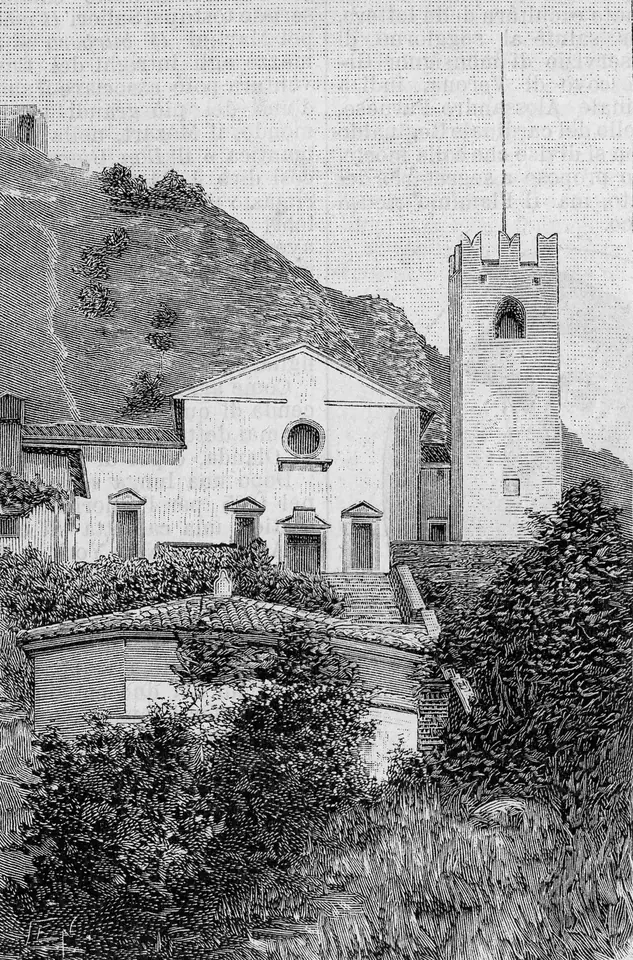 A black-and-white wood engraving of a plain church front with a round window beside a tall square bell tower, on a rocky hillside with shrubs
