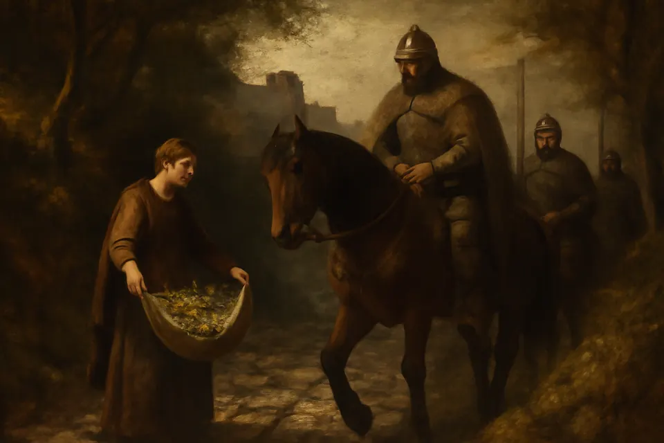 Oil-painting-style scene of a young woman on a steep stone path opening her apron full of wildflowers before her father on horseback