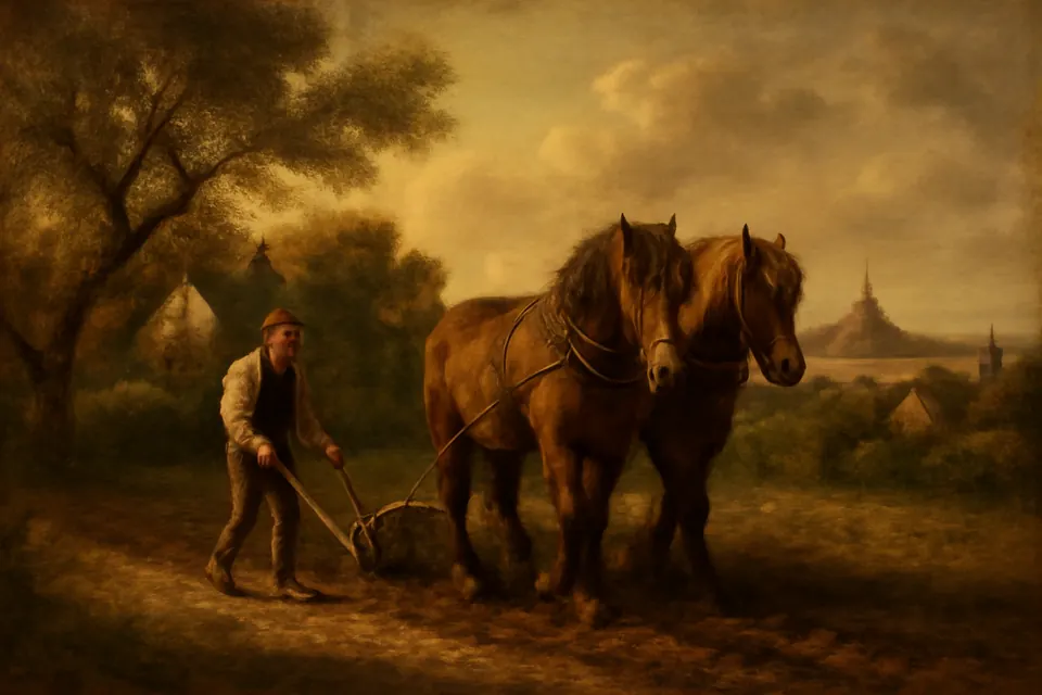 Oil-painting-style scene of a young farmhand plowing with two horses in the green hedged fields of Normandy, a stone farmhouse behind him