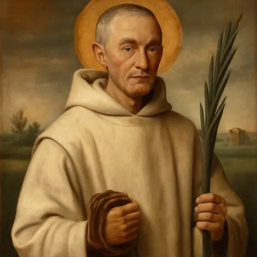 Oil-painting-style portrait of St. Augustine Webster, a lean, gray-eyed Carthusian monk in a white hooded habit, holding a rope and a palm