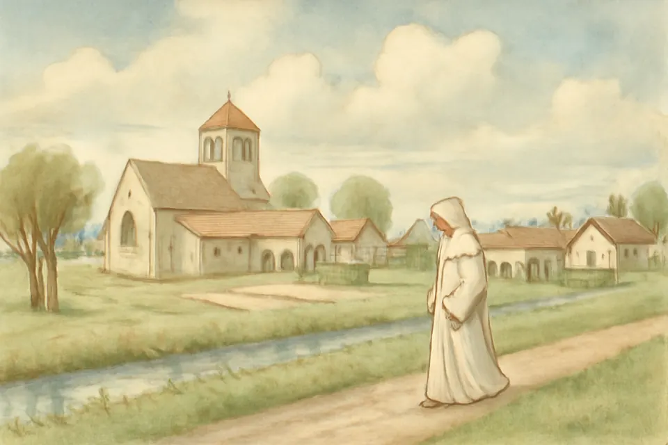 Watercolor-style scene of a small walled Carthusian monastery with separate little houses and gardens on the flat fenland of the Isle of Axholme