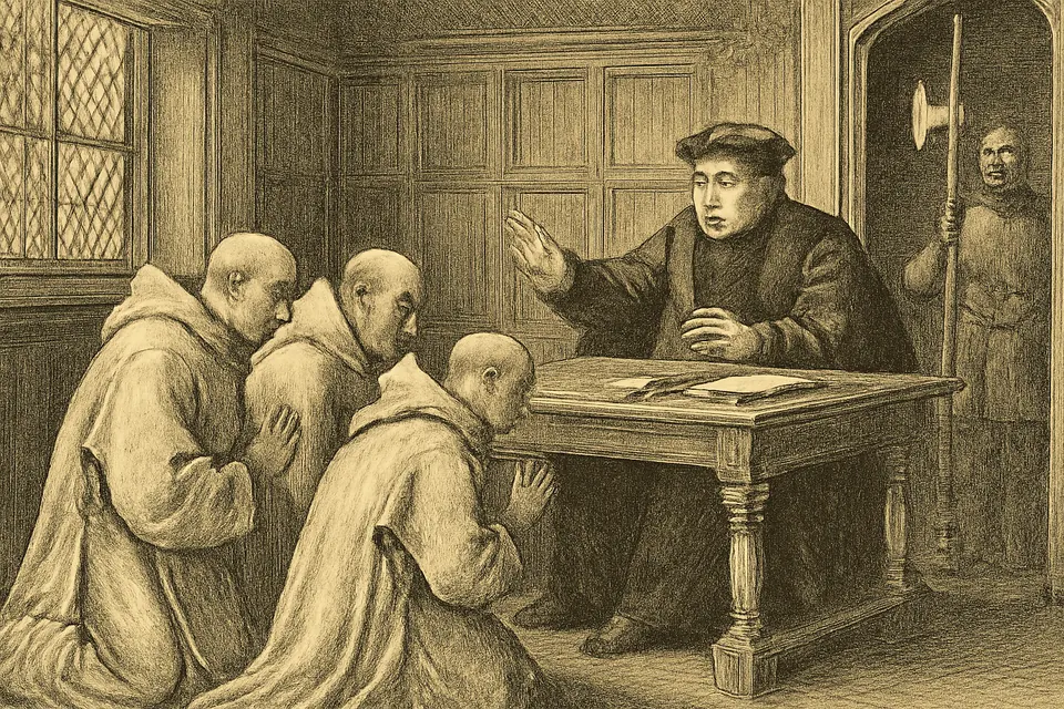 Engraving-style scene of three monks in white habits kneeling before a seated Tudor official at a desk, who refuses their petition