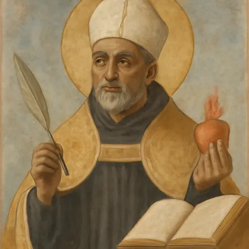 Oil-painting-style portrait of St. Augustine of Hippo as an older North African bishop in a gold cope and miter, holding a quill and a flaming heart