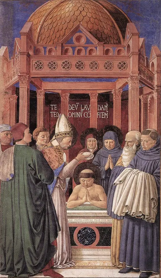 Fresco of a kneeling, bare-shouldered Augustine at a font as Bishop Ambrose in a miter baptizes him, with the words of the Te Deum written on the wall behind