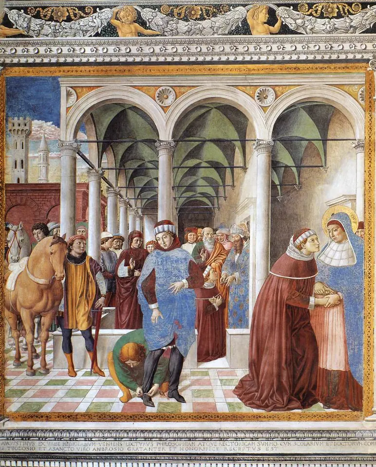 Fresco of travelers arriving under a vaulted arcade in Milan; at right, Augustine in a red robe is embraced by his haloed mother in blue and white