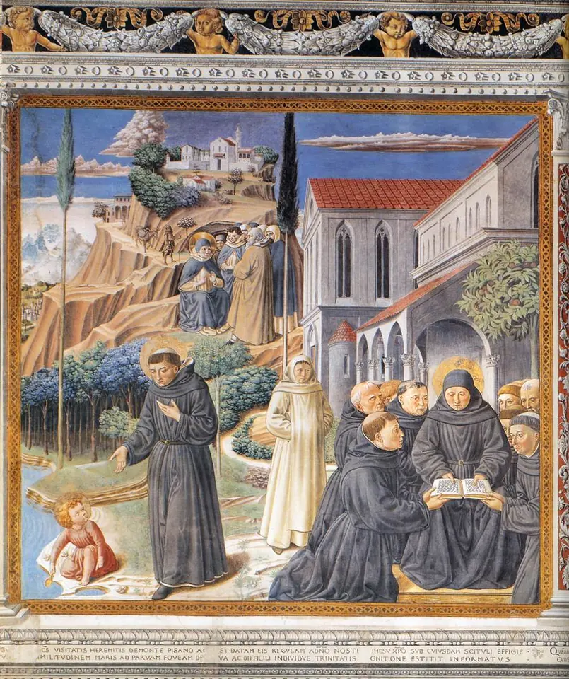 Fresco of Augustine in a black habit walking by the shore and meeting a small child who kneels with a spoon by a hole in the sand, with monks reading in the foreground