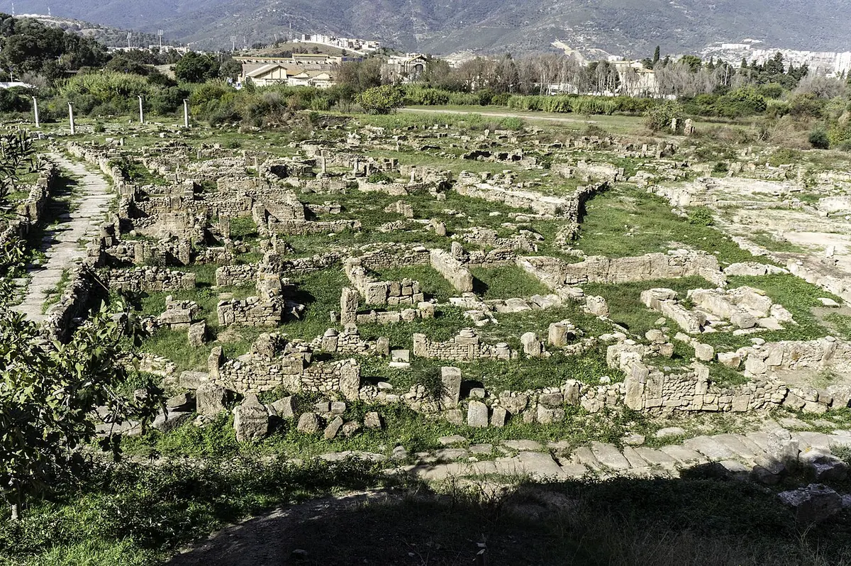 Grassy field of low Roman stone ruins at Hippo Regius, with the modern city of Annaba and wooded hills behind