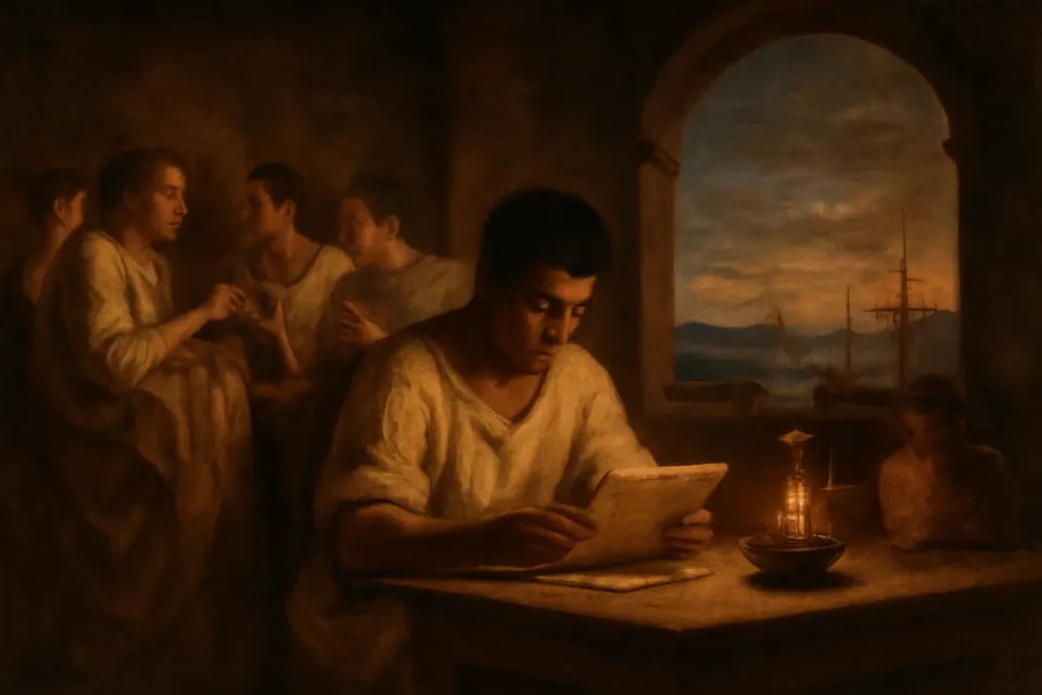 Illustration of the young Augustine reading by lamplight in a student room in Roman Carthage while friends talk and drink nearby