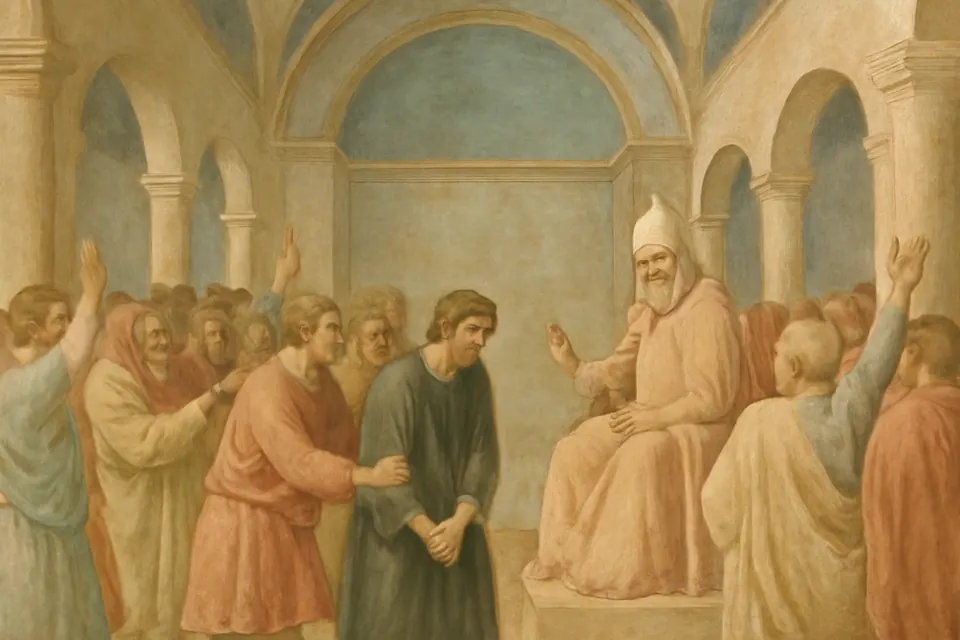 Illustration of the people of Hippo taking hold of Augustine in church and bringing him to Bishop Valerius to be ordained a priest while he weeps