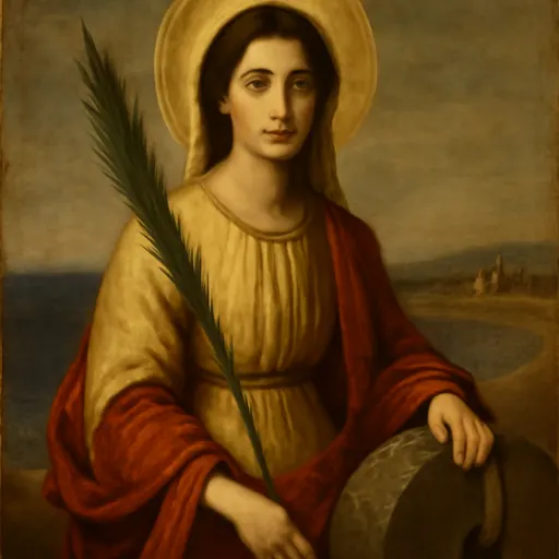 Oil-painting-style portrait of St. Aurea of Ostia as a young Roman noblewoman in a gold-trimmed mantle, holding a martyr's palm, with a millstone at her side and the sea behind her