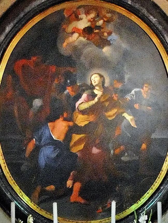 Oval Baroque painting of a young woman in a golden robe looking up to heaven as rough men seize her, while angels and cherubs gather in the clouds above