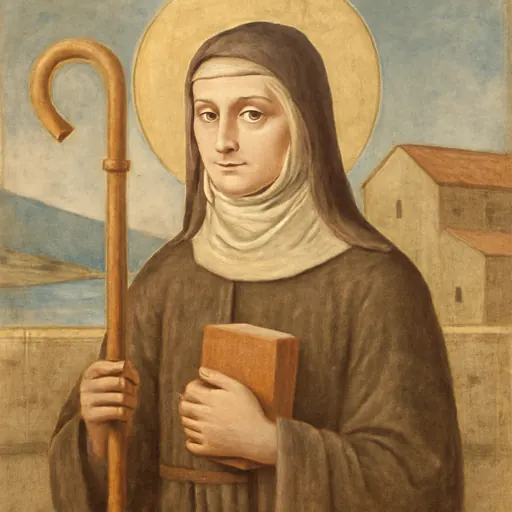Fresco-style portrait of St. Aurea of Paris as a young seventh-century abbess in a dark habit and white veil, holding a crosier and a book
