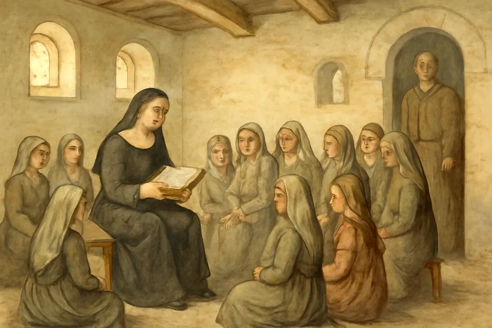 Watercolor-style scene of a young abbess in a white veil teaching a circle of girls and young women in a plain convent hall, while an older bishop in a simple cloak watches from the doorway