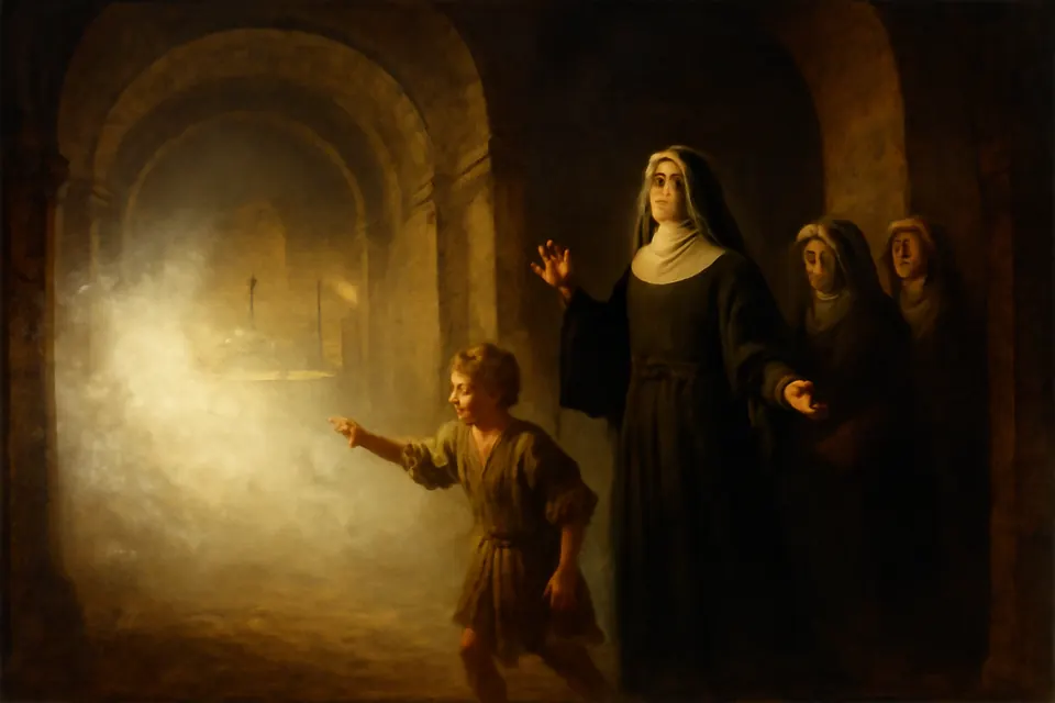 Painting-style scene of an abbess entering a dim stone church filled with a bright white cloud that veils the candlesticks, as a frightened youth points toward the altar