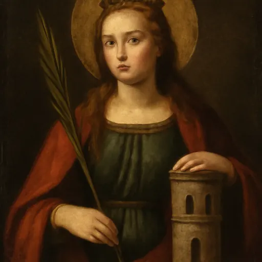 Oil-painting-style portrait of St. Barbara as a young woman with a small crown, holding a martyr's palm beside a stone tower with three windows