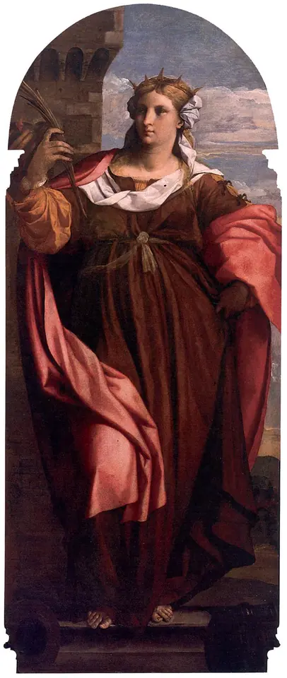 Tall Venetian painting of St. Barbara standing crowned in a dark red gown and rose cloak, gazing into the distance, under a rounded arch