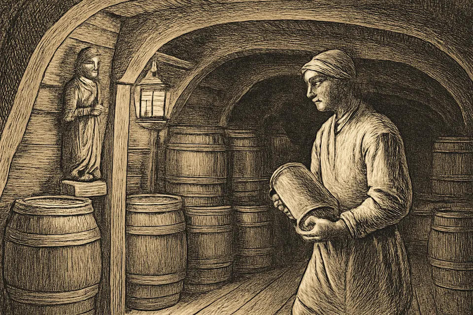 Illustration of a small statue of St. Barbara watching over barrels of gunpowder in the magazine of an 18th-century warship