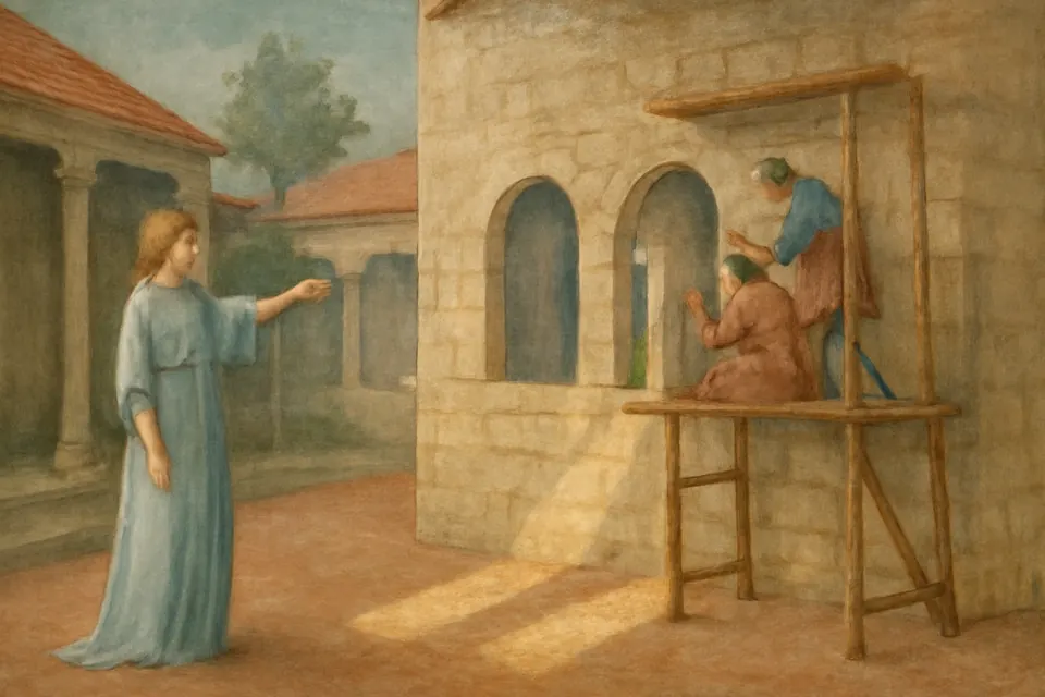 Illustration of St. Barbara pointing to the wall of a bathhouse where workmen are cutting a third window