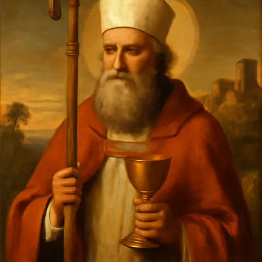Oil-painting-style portrait of St. Barbatus of Benevento as an elderly bishop in a miter, holding a crozier and a gold chalice