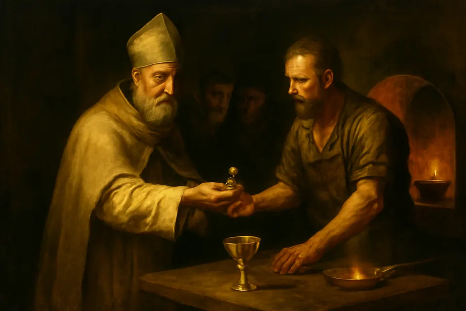 Oil-painting-style scene of a bishop handing a golden snake idol to a goldsmith beside a glowing furnace