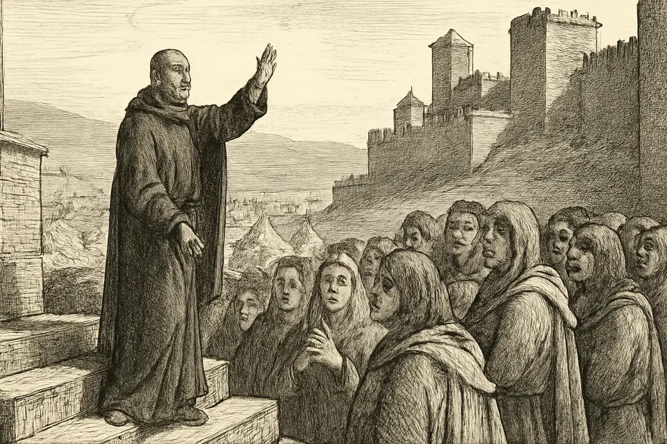 Engraving-style scene of a priest preaching to an anxious crowd in a walled city while an imperial army camps outside the walls