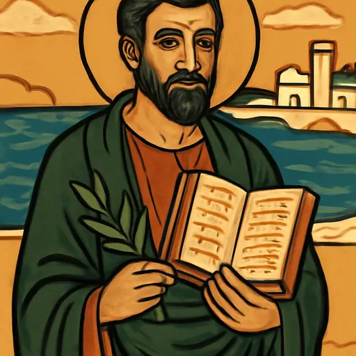 Oil-painting-style portrait of St. Barnabas, a bearded apostle in a green cloak, holding an open book and an olive branch