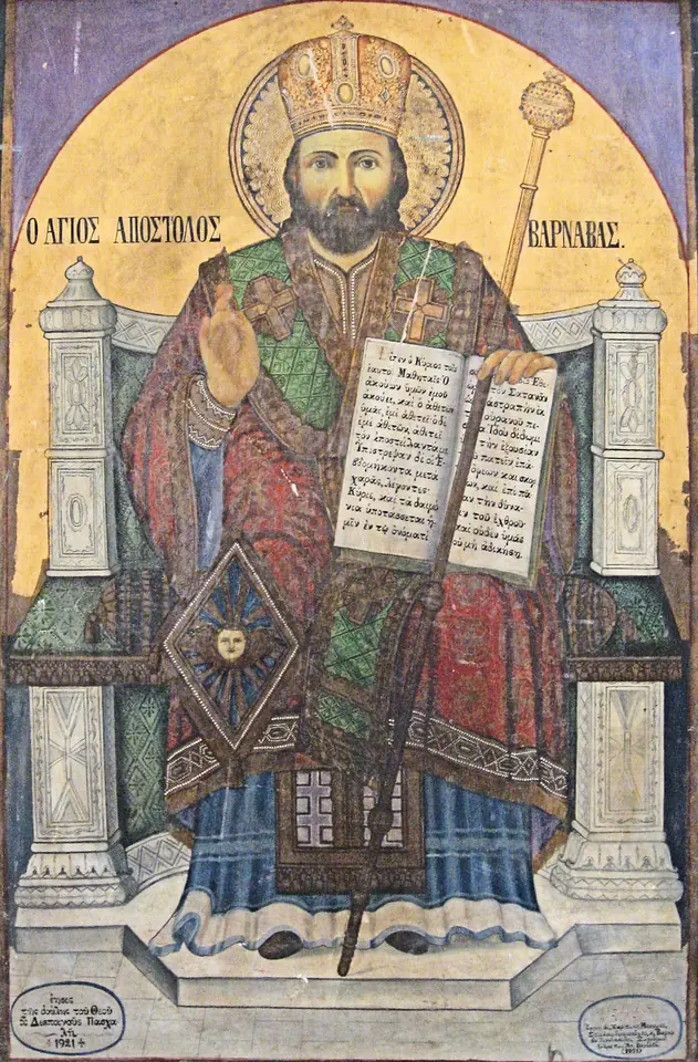 Cypriot icon of St. Barnabas enthroned in bishop's vestments and crown on a gold ground, blessing with one hand and holding an open Gospel book